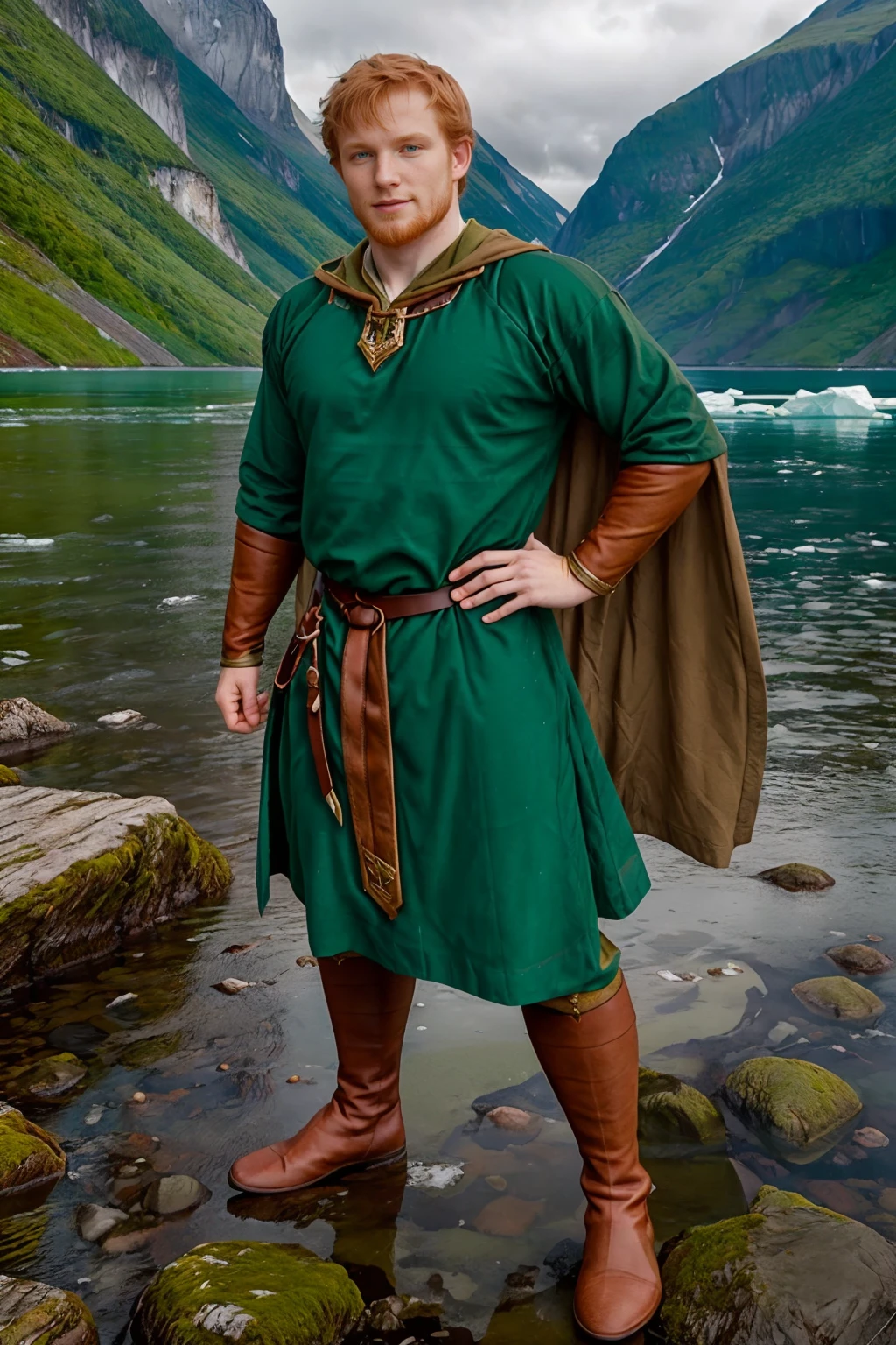 icy fjord, floating ice, standing on the shores of a fjord, CFReece, ginger hair, norsemenclothes, green tunic, green cape, belt, brown pants, leather vambraces, slight smile, (((full body portrait))), wide angle,  <lora:CFReece:0.8>  <lora:NorseMenClothes:0.7>