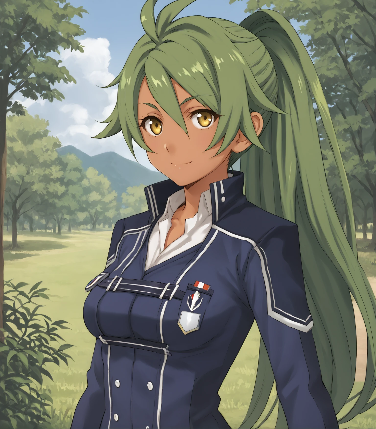 score_9, score_8_up, score_7_up, score_6_up, score_5_up, score_4_up, BREAK source_anime,
1girl, solo,  <lora:Leonora:0.9>, Leonora, green hair, dark skin, yellow eyes, long hair, ponytail, medium breasts, school uniform, blue jacket, thigh boots,
upper body, portrait looking at viewer, smile, outdoors, sky, trees,
<lora:Gegera_Pony:0.9>, pgegera,