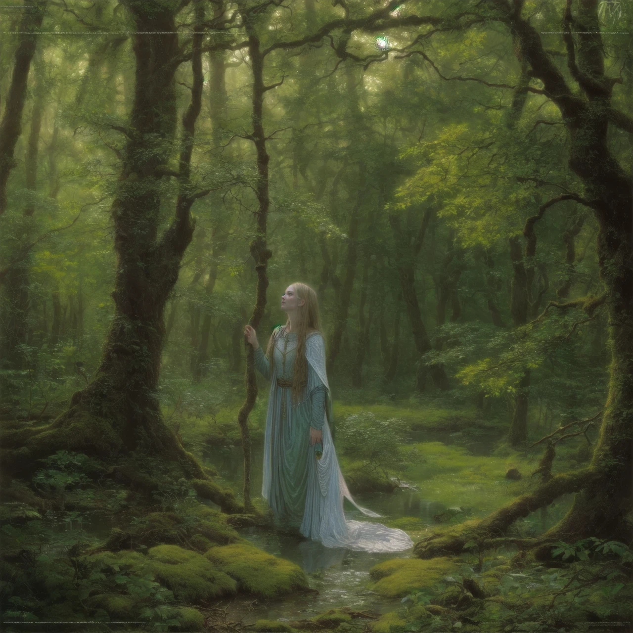 the lord of the rings, galadriel, 1girl, forest, glade, <lora:TedNasmithStylelpr:0.75>, tednasmith, high quality, highres, masterpiece, best quality, 8k, intricate, detailed, <lora:add_detail:0.6>