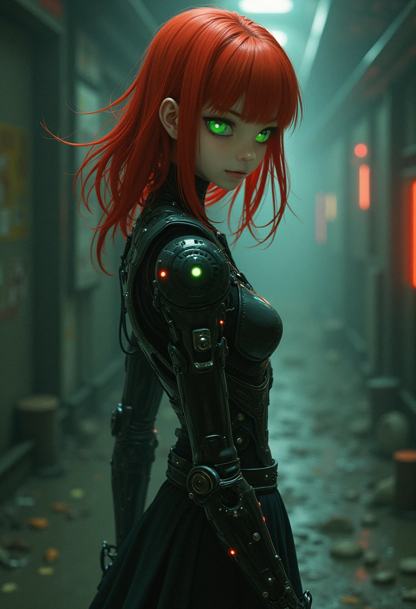 A brooding atmosphere of a dystopian semi-realistic anime world. The young cyborg woman stands tall, head turned toward viewer, exuding an air of danger. Her fiery red hair contrasts starkly with her pale complexion. Mechanical arms and cybernetic implants with dimly glowing LEDs. Heterochromia eyes, a vibrant emerald green natural right eye peers out from beneath a sweeping fringe of hair, a mechanical replacement left eye is a dimly glowing left eye unimpeded by hair, as she walks into a dangerous underground market. The style of the piece draws influence from the masters of sci-fi art: Chris Cold, H.R. Giger, and Guweiz. Their legacy is evident in the intricate blend of humanity and machine.