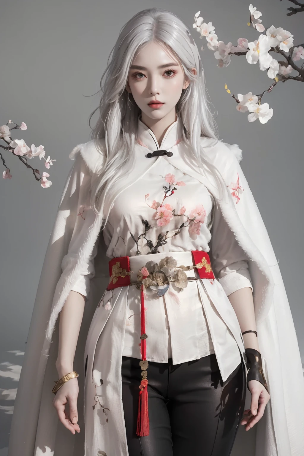 masterpiece,(bestquality),ultra-detailed,(1girl),(solo),hip up,chinese wear,kungfu outfit,fur cape shawl,flower,peach branches,pants,accessories,<lora:ntmix1:0.7>,<lora:naraka_kungfuoutfit:0.6>,
(white hair color:1.05),