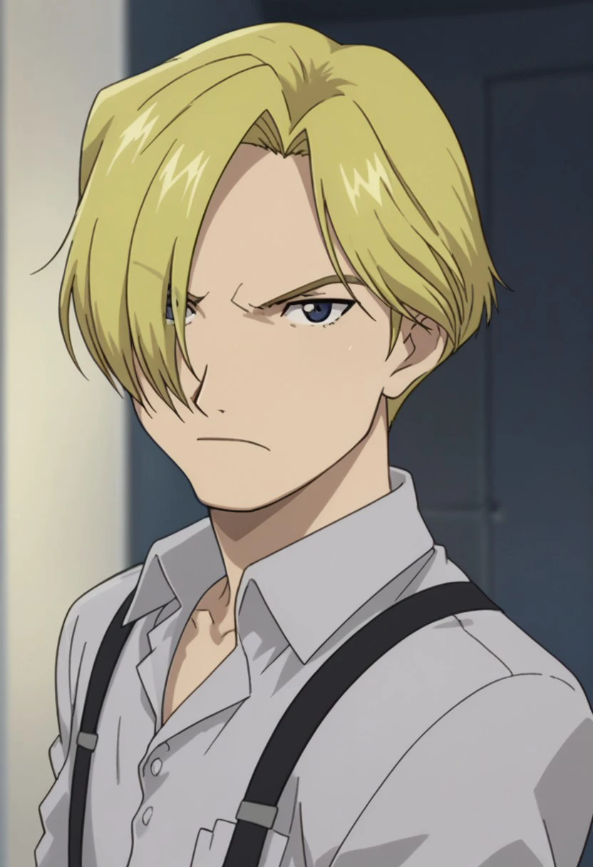 score_9, score_8_up, score_7_up, source_anime, highly detailed, 

russelltringham, 1boy, solo, male focus, blonde hair, blue eyes, hair over one eye, holding, parody, looking at viewer, upper body, suspenders, shirt, collared shirt, pants, frown, looking to the side,