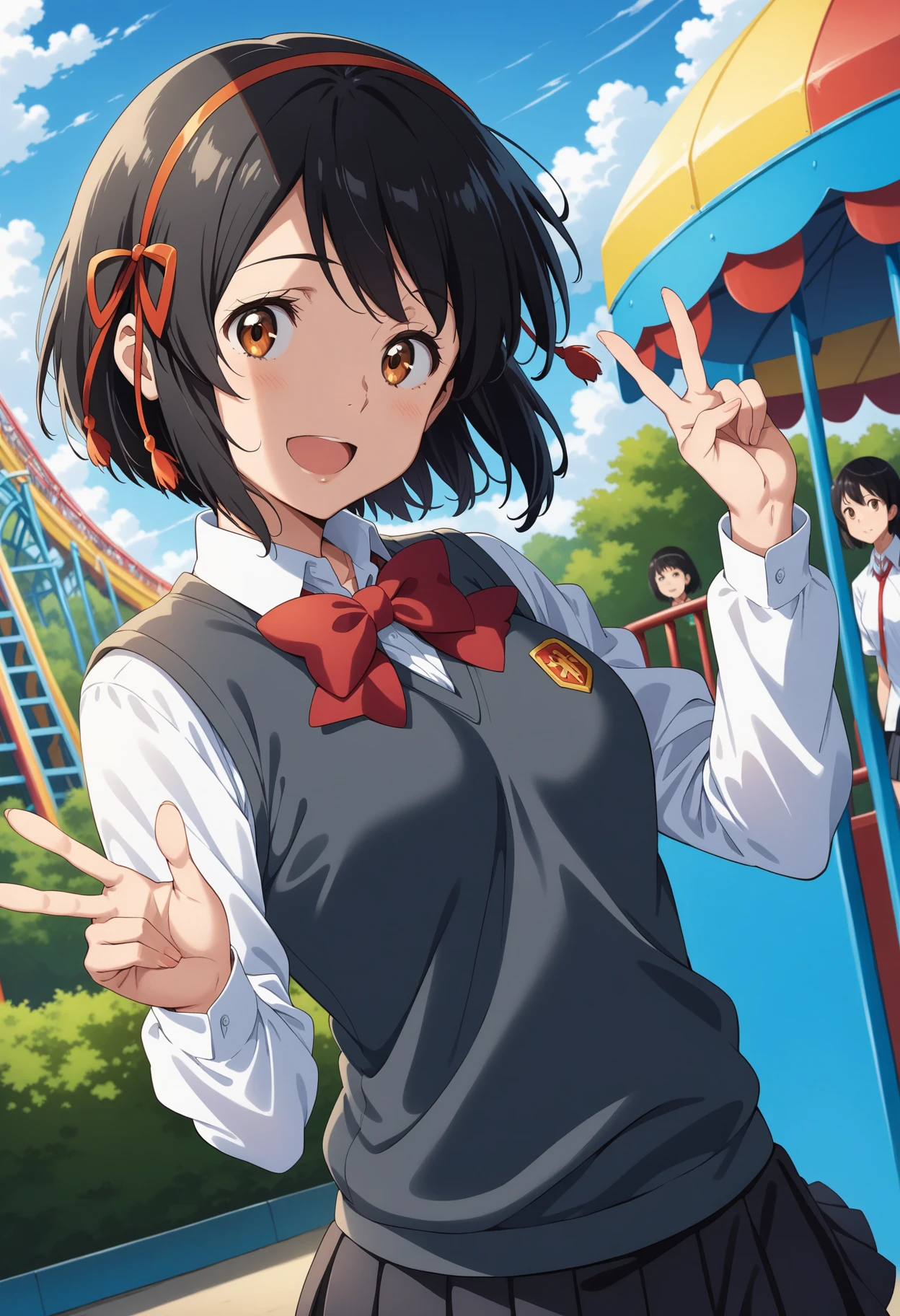 (masterpiece, best quality, very aesthetic, ultra detailed), intricate details, 4k, bbmitsuha, short hair, black hair, red hairband, hair ribbon, brown eyes, school uniform, red bowtie, collared shirt, white shirt, sweater vest, long sleeves, pleated skirt, black skirt, <lora:miyamizu_mitsuha_animagine_v1:0.9>, amusement park, solo, smile, open mouth, peace sign,