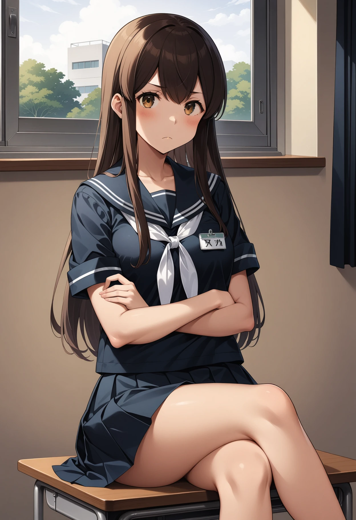 (masterpiece, best quality, very aesthetic, ultra detailed), intricate details, 4k, aaakagi, long hair, brown hair, brown eyes, black serafuku, black sailor collar, white neckerchief, black shirt, name tag, short sleeves, pleated skirt, black skirt, <lora:akagi_(kancolle)_animagine_v1:0.9>, crossed arms, frown, classroom, sitting, crossed legs, on desk