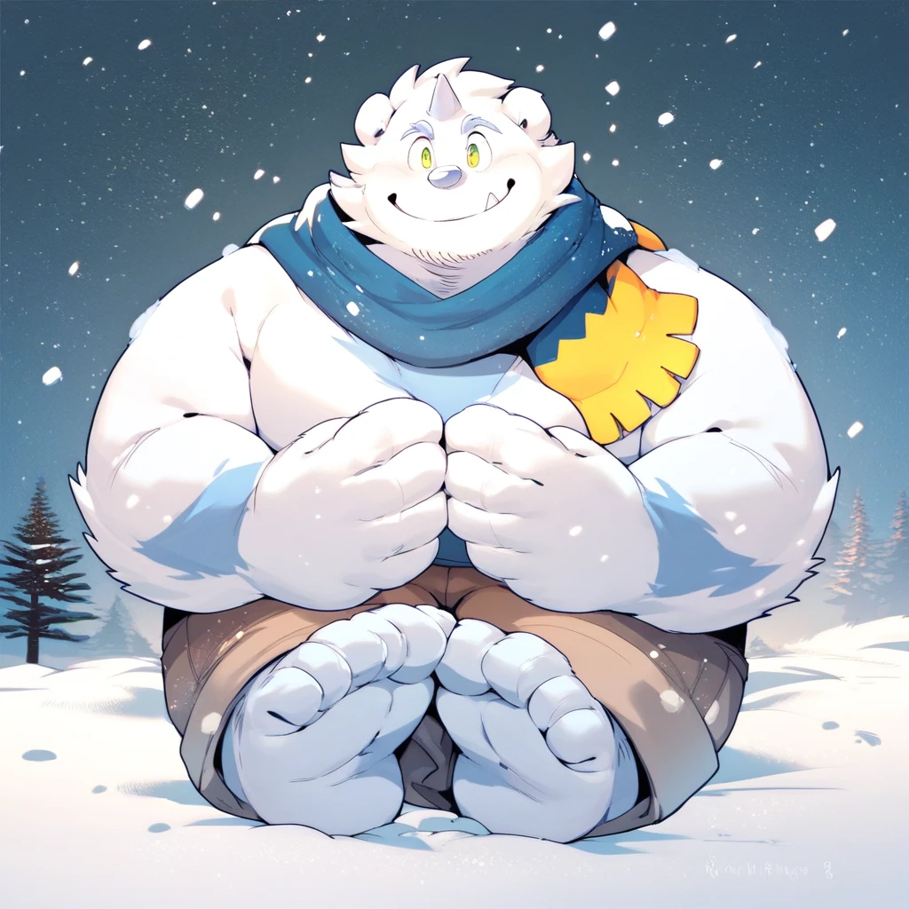 score_9, score_8_up, score_7_up, score_6_up, score_5_up, score_4_up, patty, anthro, yeti, furry, fat, obese, big feet, scarf, snowy background, snow, looking at viewer, smiling,