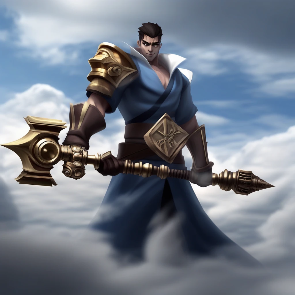 bara, male focus, holding weapon, shirt, paper, structure, cloudy sky, cup, closed mouth, gauntlets, sword