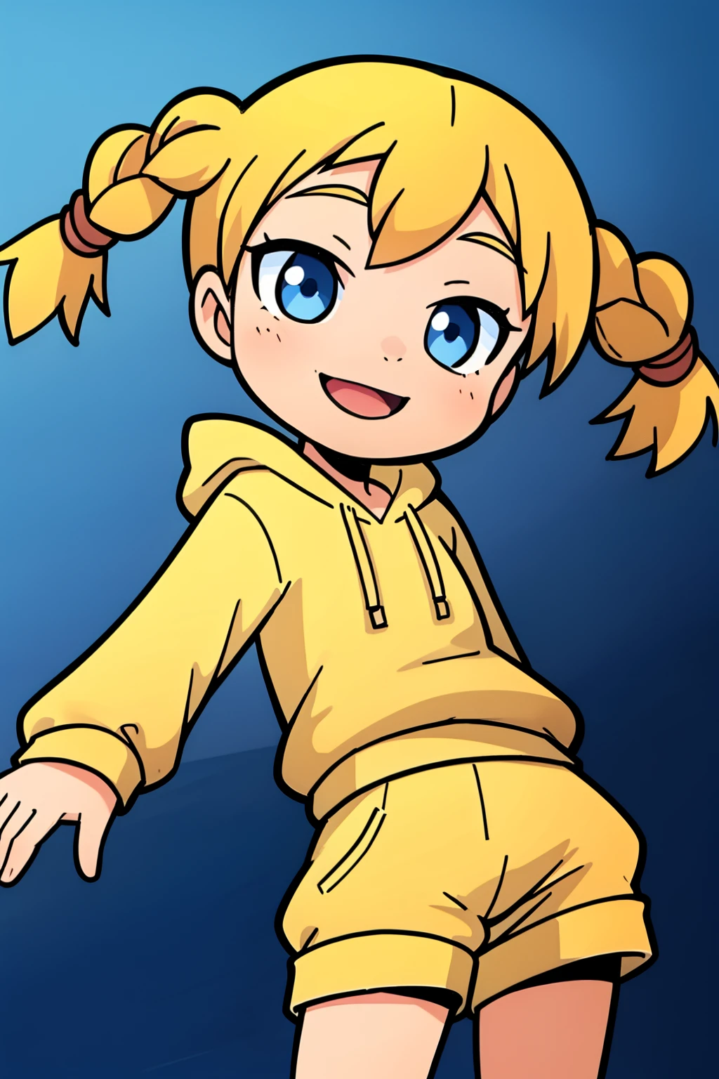 Katie_power ,1girl,solo,happy,blonde hair,twintails,short twintails,twin braids,blue eyes,yellow hoodie,white shorts,smile,looking at viewer,masterpiece,best quality