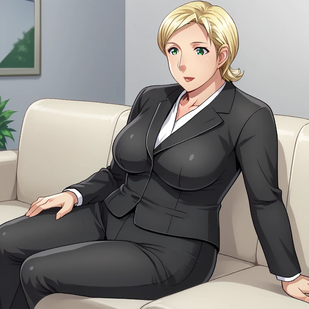 score_9_up, BREAK, 1girl, solo, MarineLepen, blonde hair, short hair, green eyes, mature female, <lora:MarineLepen_DJ_PXL_Leaf1:1>, formal, black suit, sitting on sofa, indoors,