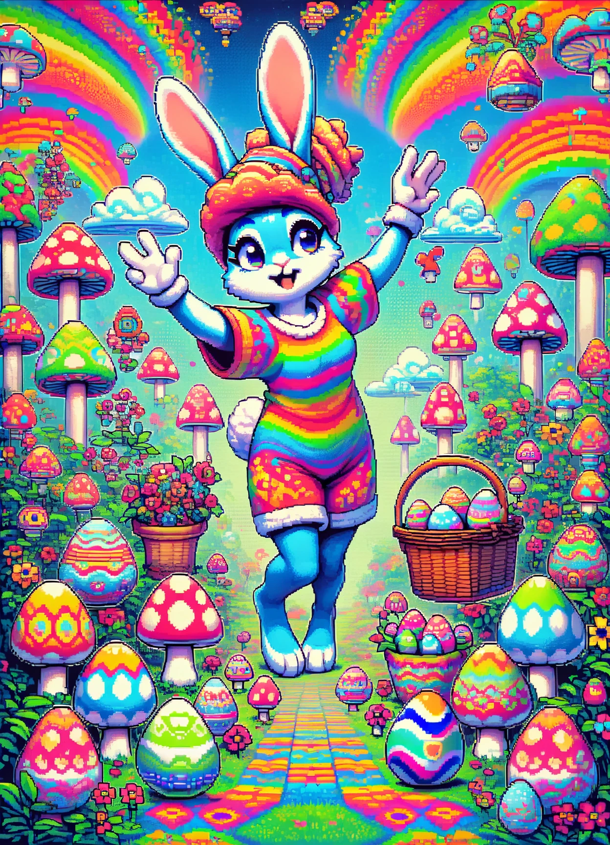 DonMShr00mK1ngd0mXL mushroom, score_9, score_8_up, score_7_up, score_6_up, pixelart, female  easter bunny, anthropomorphic rabbit, colorful eggs, festive clothing and accessories, basket filled with easter eggs, fertility, rebirth, spring, cheerful , rating_safe <lora:DonMShr00mK1ngd0mXL-pony-000006:0.8>