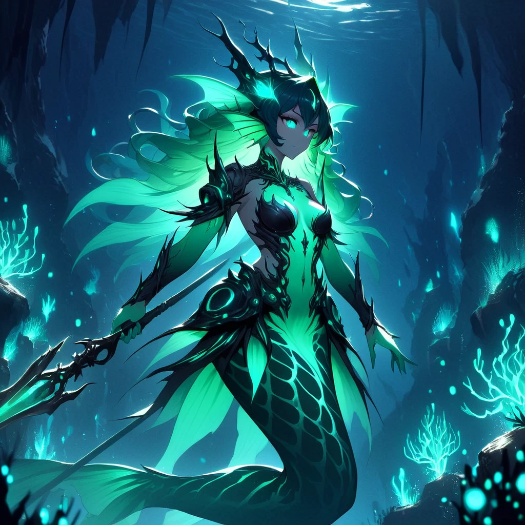 benthic merfolk, 1woman, beautiful, blue eyes, green glow, holding a spear