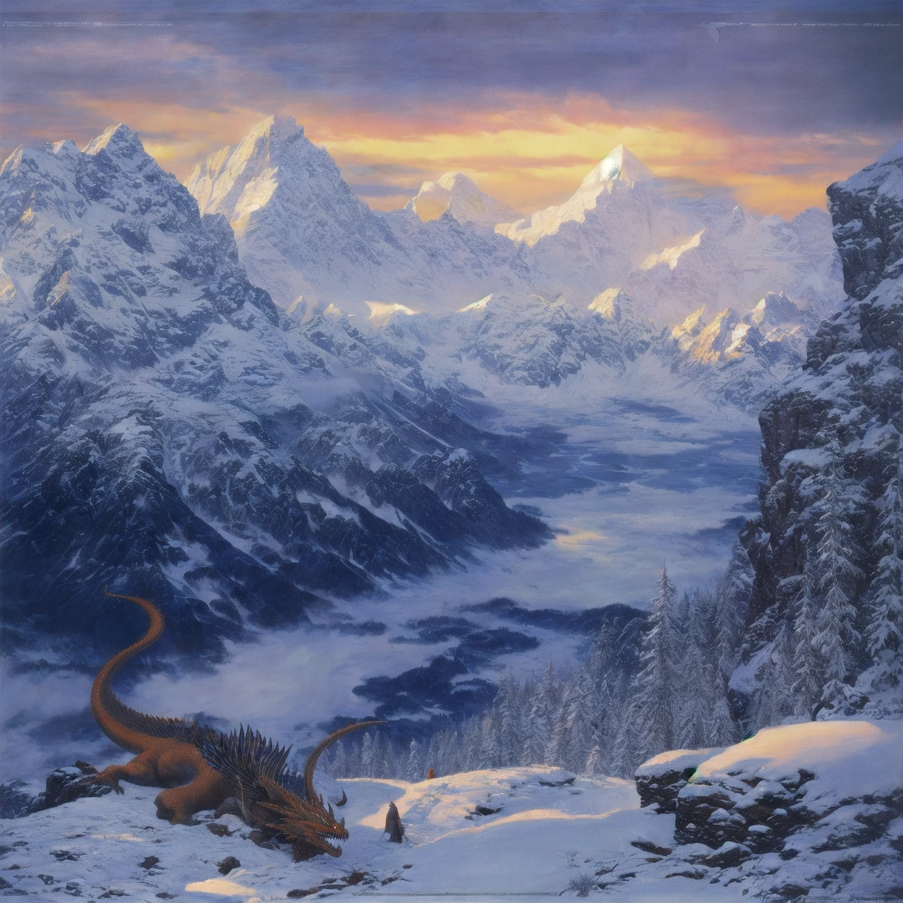 dragon, the lord of the rings, mountain, snow, <lora:TedNasmithStylelpr:0.75>, tednasmith, high quality, highres, masterpiece, best quality, 8k, intricate, detailed, <lora:add_detail:0.6>