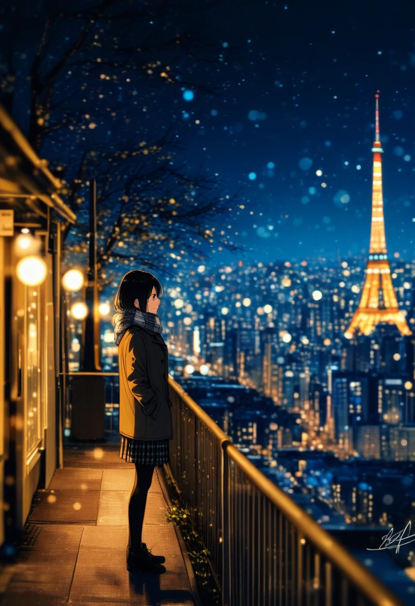 <lora:BLE 0.5v:1>, BLE, best quality, masterpiece, detailed background,
1girl, solo, short hair, skirt, black hair, long sleeves, standing, pantyhose, outdoors, pleated skirt, sky, signature, bag, blurry, scarf, from side, coat, black pantyhose, tree, plaid, profile, night, depth of field, plaid skirt, building, night sky, scenery, city, hands in pockets, railing, cityscape, power lines, bokeh, plaid scarf, city lights