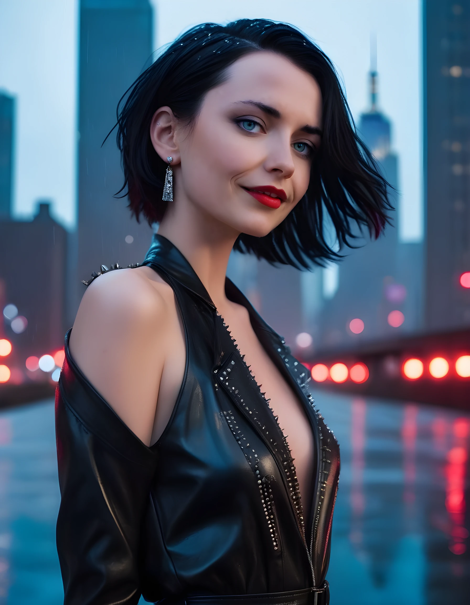 <lora:avari-06:0.6>, avari, photo of a woman, ((short hair, pixie cut)), ((turtleneck sweater, jacket)), ((cowboy shot, waist, hips, thighs)), ((outdoors, city, at night, snow)),smiling, ((red lipstick, eyeliner, eye shadow, blush)), ((best quality, masterpiece, extreme details, high resolution):1.2),((detailed eyes, beautiful eyes, detailed face, beautiful face):1.2)