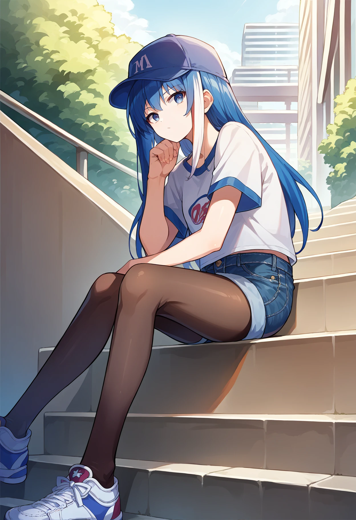 score_9, score_8_up, source_anime, 1girl, solo, MutsumiYozakura, long hair, streaked hair, baseball cap, graphic tee, denim shorts, pantyhose under shorts, sitting, stairs, outdoors, city, <lora:ChamMutsumiYozakuraPonyXL:1>