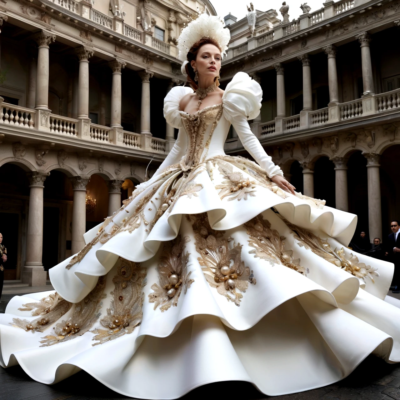 Masterpiece, raw photo, high quality, Title: "The Whimsical World of Madame Baroque" Madame Baroque is renowned for her exquisite taste in design, particularly when it comes to voluminous dresses that seem to defy gravity. Her latest creation, a dress so extravagant it requires an entire team of skilled artisans to complete, is the talk of the town. 8k, 16k, uhd, sharp lines, (lots of details:1.2), extremely detailed, absurdres, intricate detailed, cinematic scene, best quality, high detailed, ultra sharp, photorealistic, award winning,