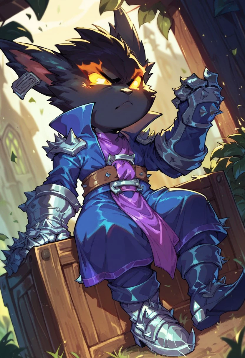 score_9, score_8_up, score_7_up, ultra quality, 1boy, yordle, shortstack, veigarxl, wizard mantle, mouthless, black fur, glowing eyes, gauntlets, sitting, on crate, green lush background, angry, boots, spiky