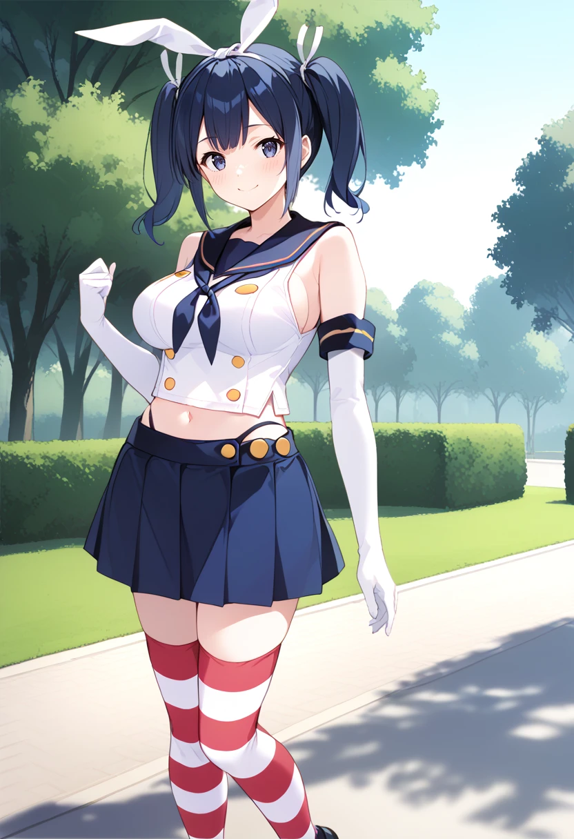 standing, solo, 1girl, park, full body, large breasts, <lora:KC_04AC_souryuu_pony:1> souryuukc, blue hair, short twintails, blue eyes, hair ribbon, white ribbon,      <lora:shimakaze:0.85> shimakazeKC, navel, school uniform, serafuku, sleeveless, elbow gloves, white gloves, sailor collar,blue skirt, crop top, neckerchief, highleg, black hairband, blue sailor collar, striped thighhighs, highleg panties, microskirt,, score_9,score_8_up, score_7_up, source_anime, masterpiece, best quality,  official art, official style, game cg, megami magazine, rating_safe, rating_questionable, <lora:Fixhands_anime_bdsqlsz_V1:0.75>, NEGATIVE_HANDS