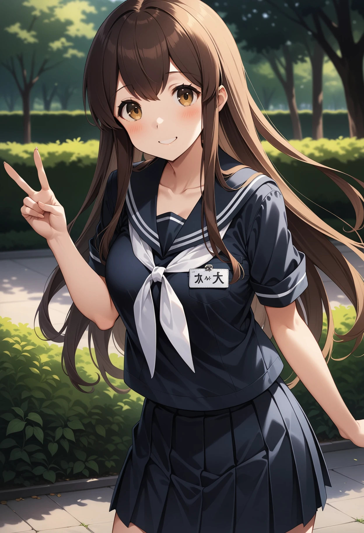 (masterpiece, best quality, very aesthetic, ultra detailed), intricate details, 4k, aaakagi, long hair, brown hair, brown eyes, black serafuku, black sailor collar, white neckerchief, black shirt, name tag, short sleeves, pleated skirt, black skirt, <lora:akagi_(kancolle)_animagine_v1:0.9>, smile, outdoors, garden, park, peace sign, v