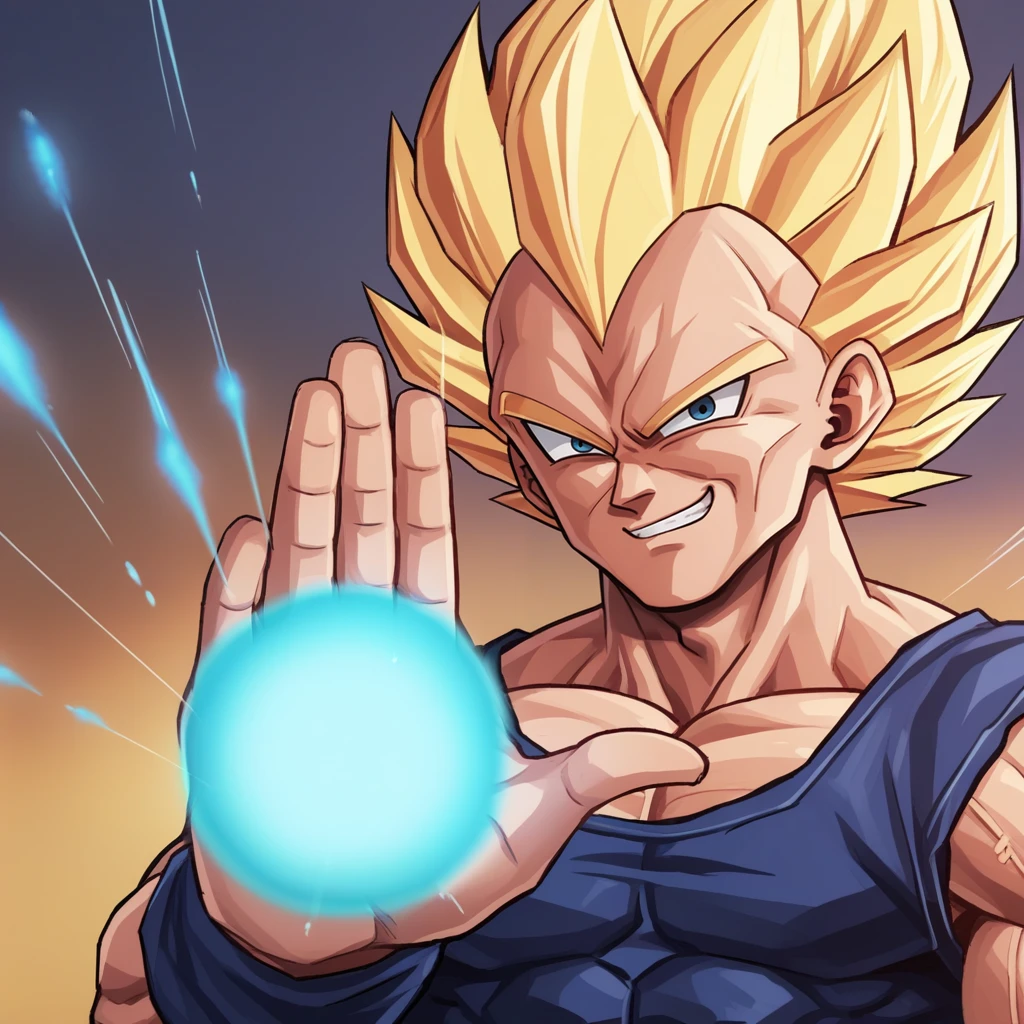 score_9, score_8_up, score_7_up, score_6_up, score_5_up, score_4_up, zPDXL2,source_anime,rating_questionable,1boy,vegeta, saiyan, smile, close up, <lora:Big_Bang_Attack__Biden_Blast_Meme:0.8> b1gb4ng, looking at viewer, upper body,hand out, energy ball in hand, aura,