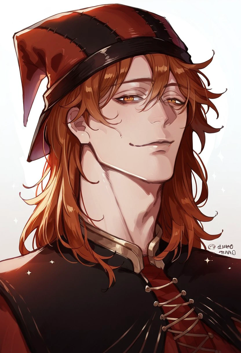 anime artwork, score_9, score_8_up, score_7_up, score_6_up, score_5_up, red hair, solo, cicero, ginger, hat, 1boy, male focus, masterpiece, best quality, score_9, score_8_up, score_7_up, source_anime,
<lora:Floox_Style:1>, detailed eyes, detailed hair, looking at viewer,