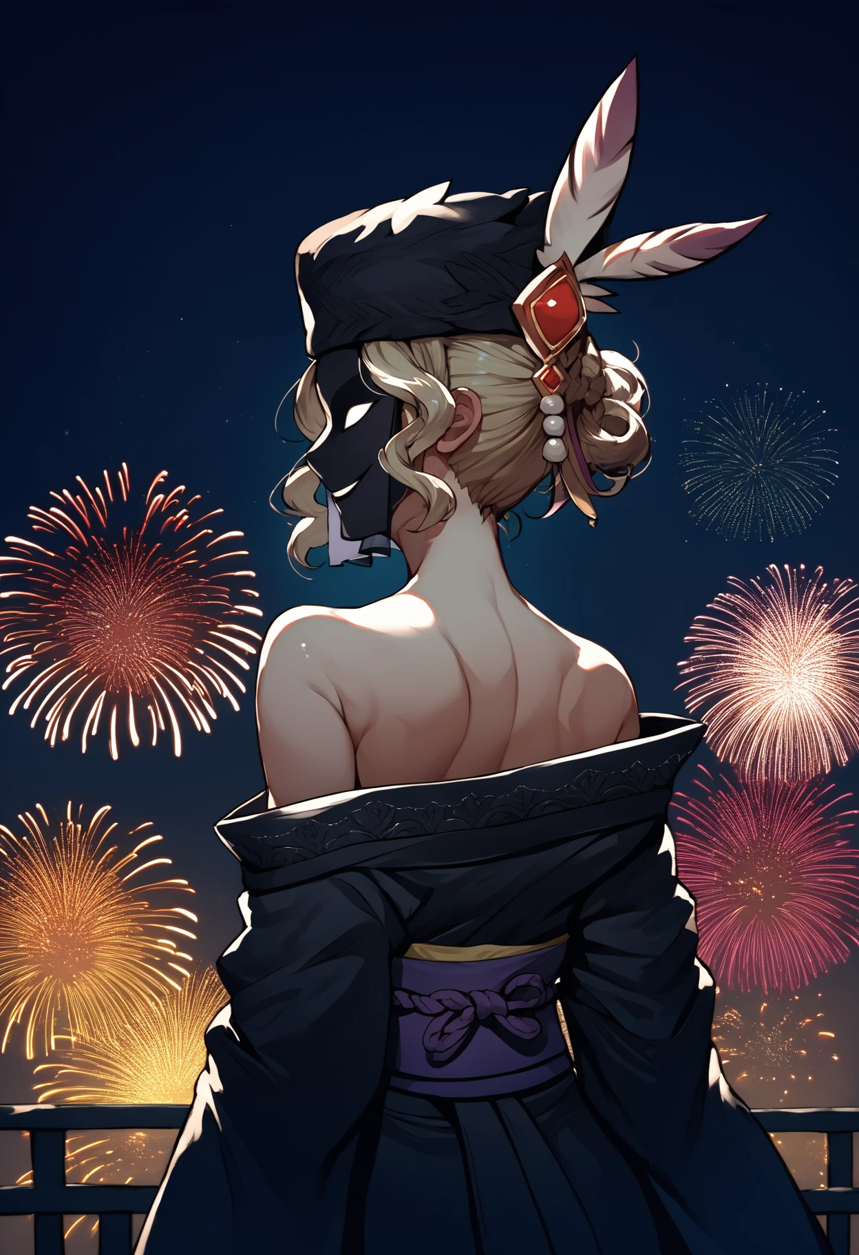 score_9, score_8_up, score_7_up, source_anime, from behind, solo, 1girl, blackdahlia, evil smile, looking back, short hair, blonde hair, hat feather, mask, veil, japanese clothes, black kimono, off shoulder, purple sash, bare shoulders, fireworks <segment:yolo-face_yolov8m.pt,0.35,0.5>