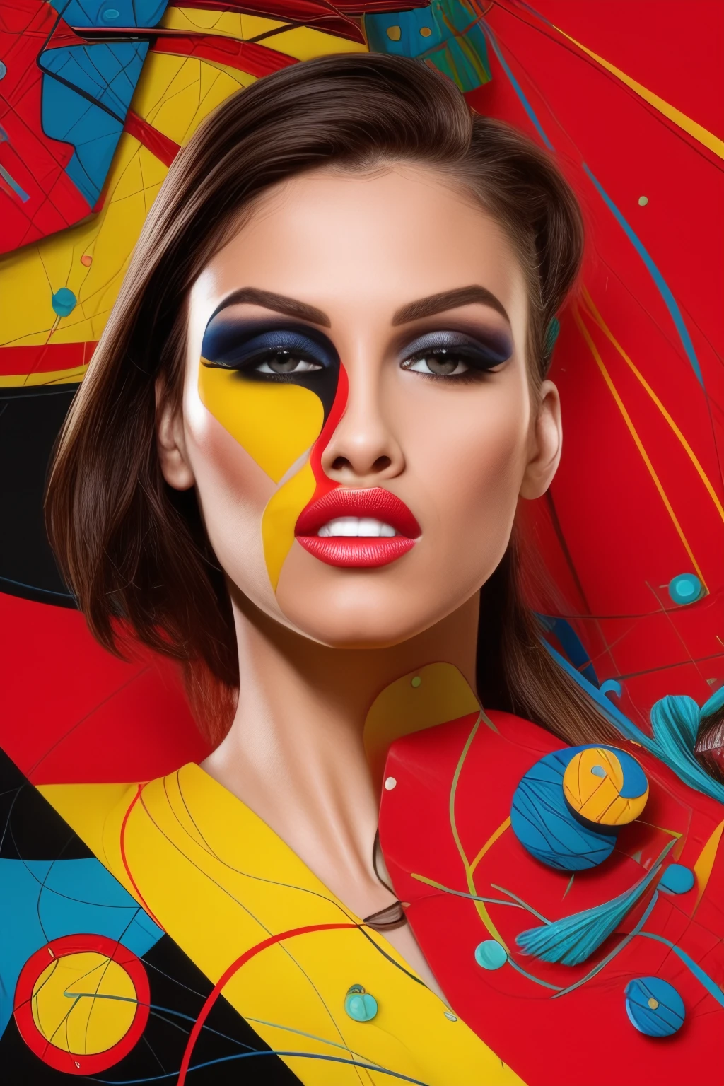 cstar, flat colors, graphic style, dynamic abstract portrait of young woman, abstract forms blended into the shapes of her face and hair, (black hair), Andy Warhol inspired, geometrical elements melted into the bold brush strokes in the faint mix of kandinsky and norman rockwell style <as_youngv2>, <likenesshelpbyshurik3>