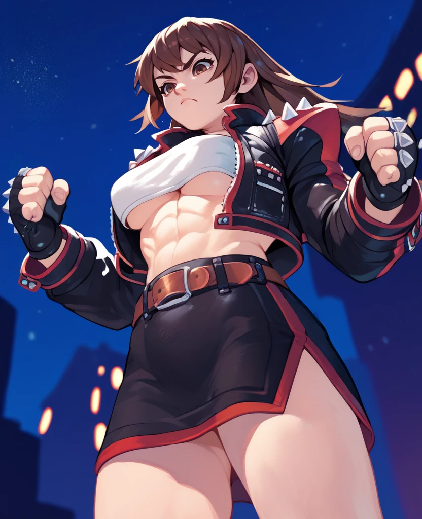 score_9,score_8_up,score_7_up,score_6_up,kirishimanagixl,brown eyes,brown hair,long hair,bangs,black cropped jacket,shoulder spikes,tube top,long sleeves,belt,skirt,underboob,clenched hands,
fingerless gloves,night,city,<lora:KirishimaNagiXL-F:0.8>,from below,