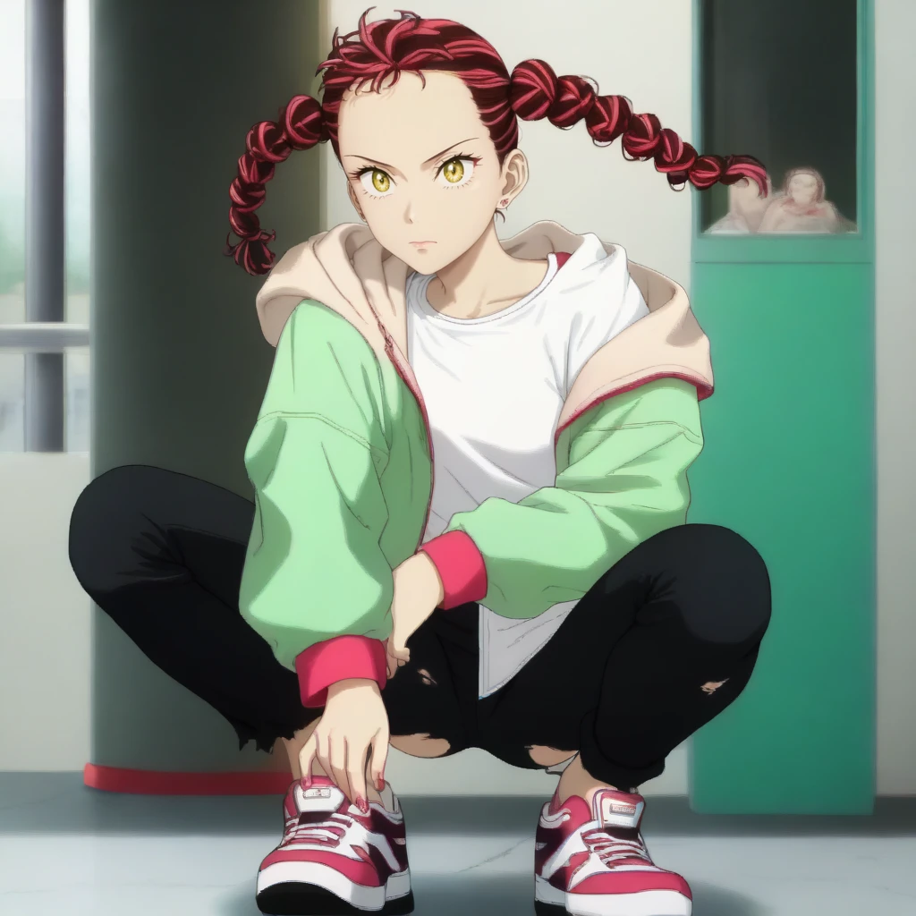 1girl, solo, squatting <lora:azukiXLpony:1> haru, yellow eyes, red hair, multicolored hair, twin braids, earrings, pink nails, white shirt, green jacket, hood, black pants, torn pants, sneakers,