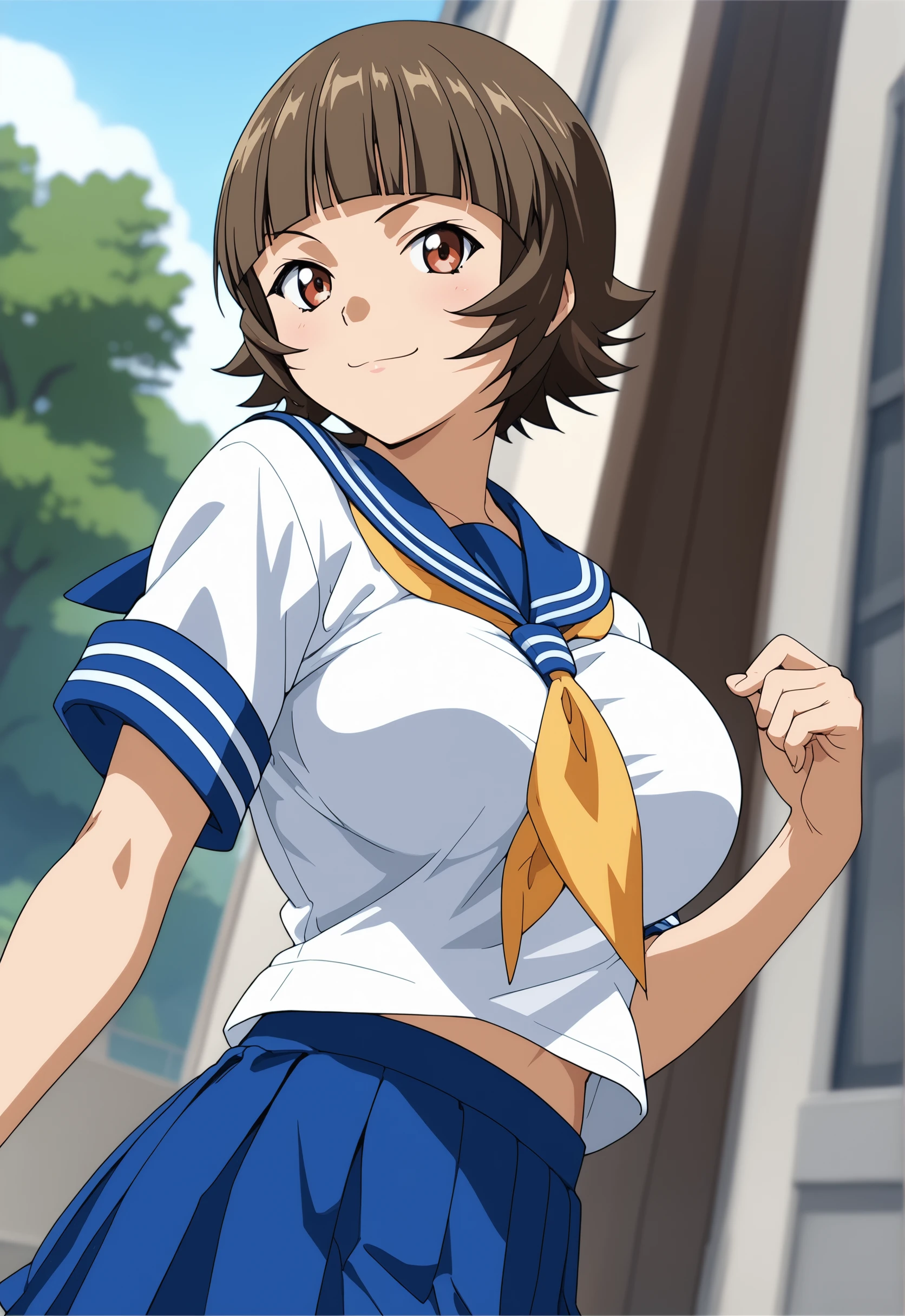 score_9, score_8_up, score_7_up, source_anime, 1girl, solo, outdoors, <lora:ChouhiekitokuPony_v01:1> Chouhiekitokupony, short hair, brown hair, brown eyes,blunt bangs, large breasts, school uniform, serafuku, white serafuku, yellow neckerchief, blue skirt, thighs,  sexy, glamor, anime screencap, dutch angle, smile, looking at viewer, cowboy shot,closed mouth, (glaring:0.7), 
<lora:vivid_everclear:0.1> <lora:flat_sdxl:-0.4> <lora:Fixhands_anime_bdsqlsz_V1:1>