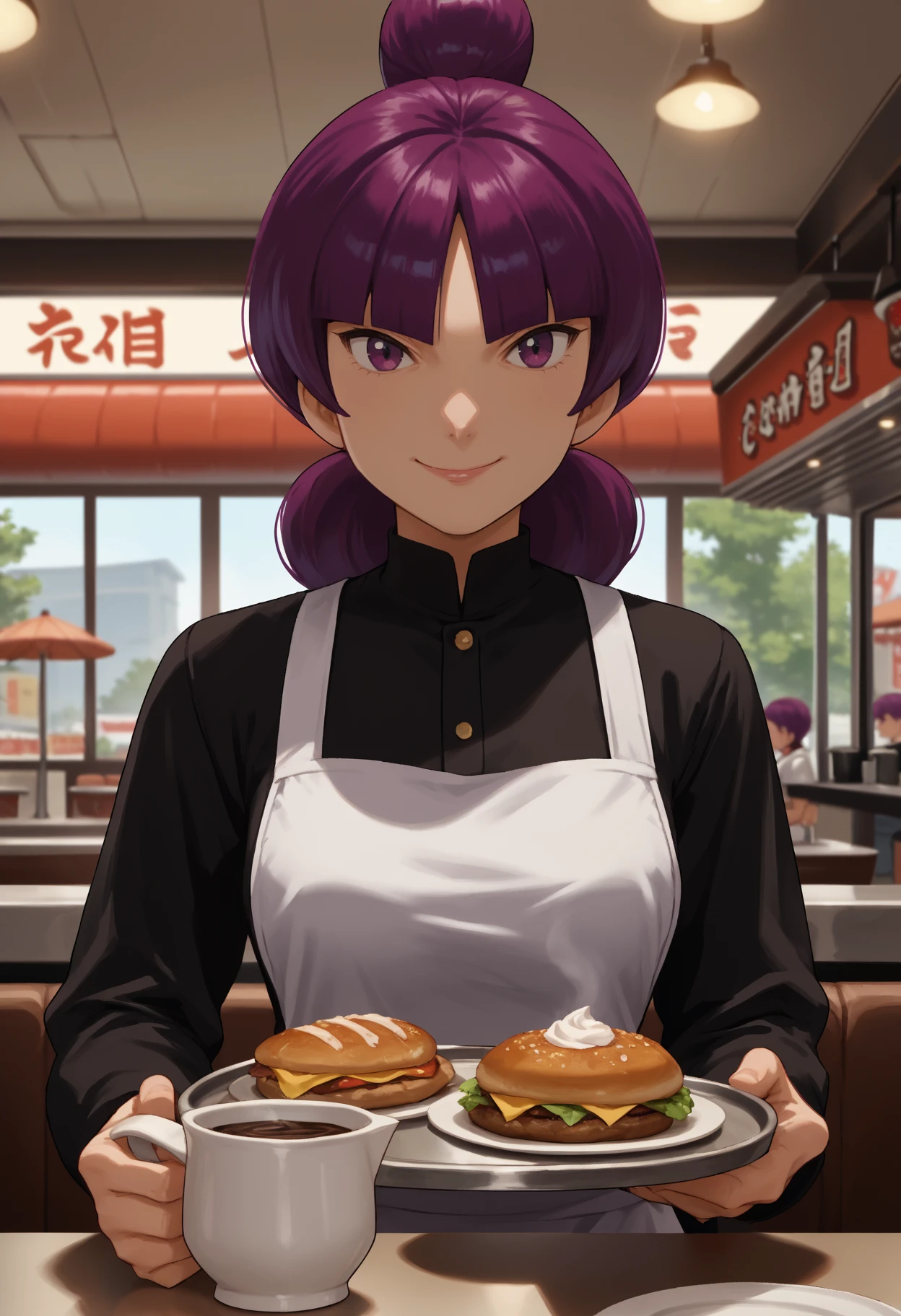 score_9, score_8_up,score_7_up, source_anime, 1girl, solo, <lora:Jptr_pdxl_EliPot:1>, gingadanjupiter, purple hair, purple eyes, medium hair,
 mature female, indoors, diner, holding, coffee pot, waitress, tray, serving, standing, smile