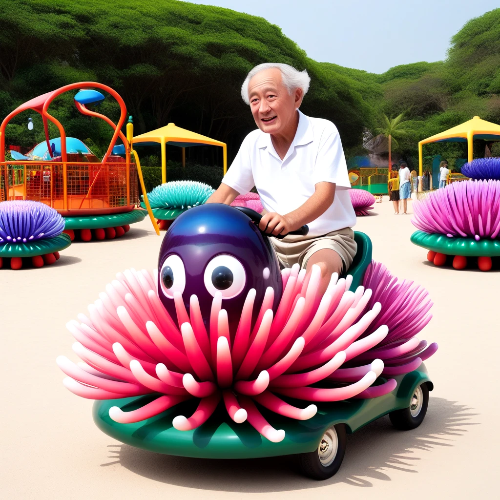 <lora:pandacar_SDXL:0.5>, old man sit astride on ground vehicle attraction, handle, realistic, sea anemone car