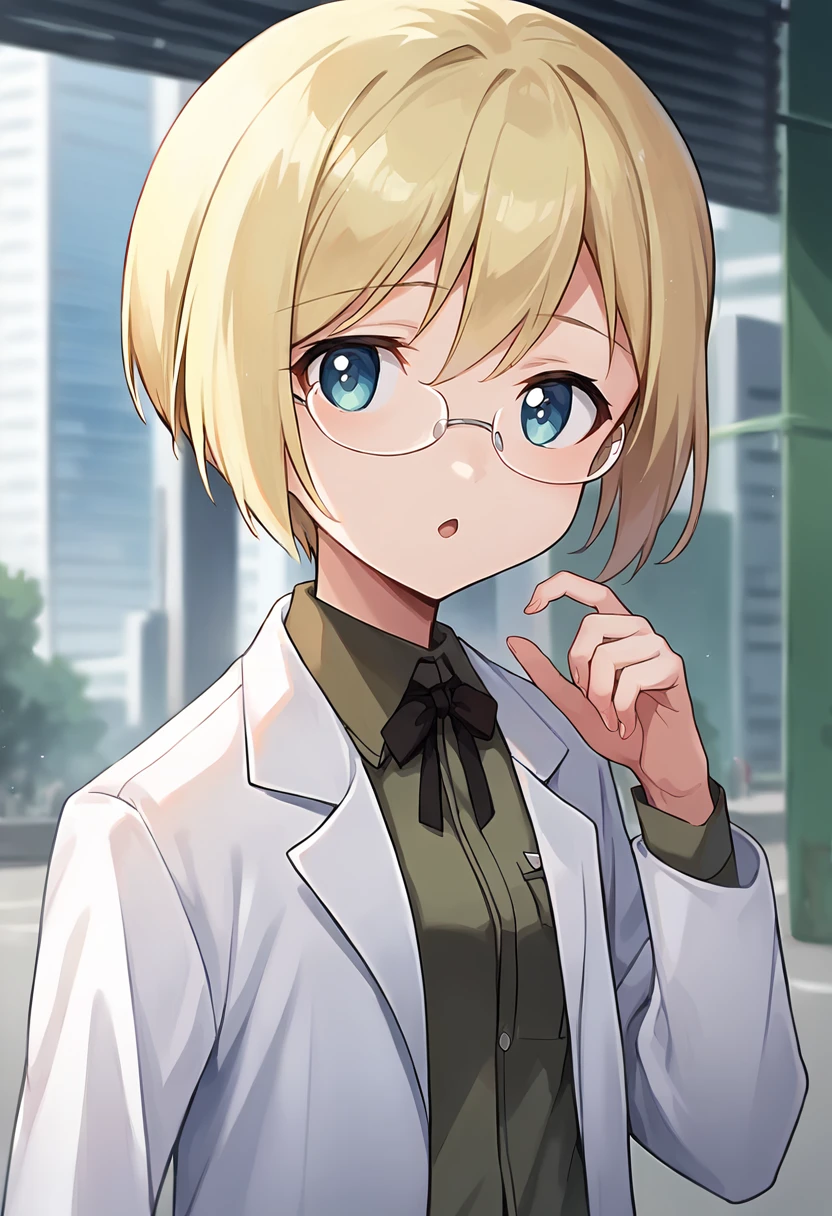 score_9, score_8_up, score_7_up, source_anime, masterpiece, 1girl, ct_ursula, blonde hair, short hair, rimless eyewear, green uniform, labcoat, black ribbon, long sleeves, looking at viewer, outdoors, depth of field city, hand up, chestnut mouth, <lora:Ursula_StrikeWitches_Pony_ct:1>