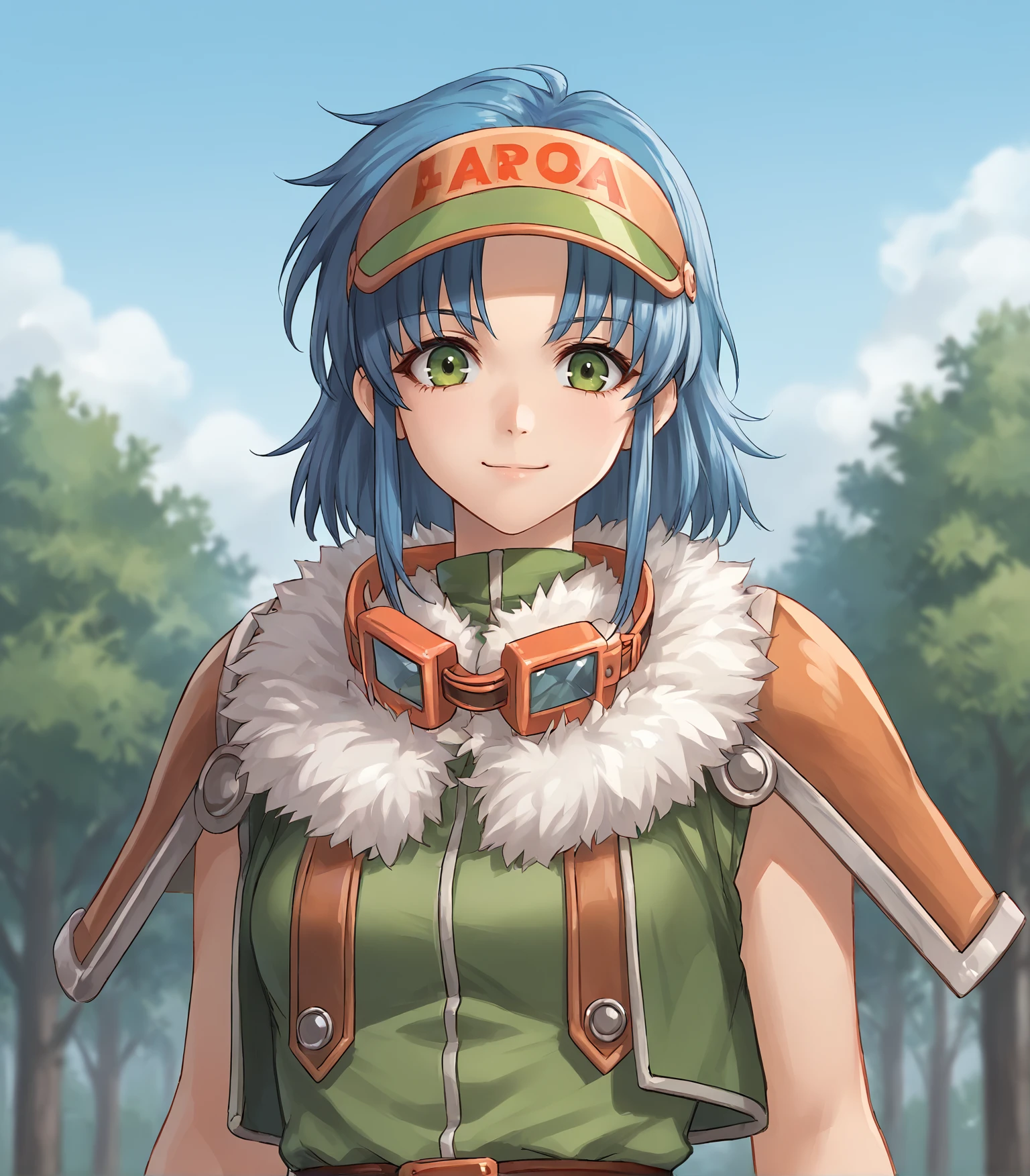 score_9, score_8_up, score_7_up, score_6_up, score_5_up, score_4_up, BREAK source_anime,
1girl, solo,  upper body, portrait ,  looking at viewer, smile, outdoors, sky, trees,
<lora:Racoonkun_Artist_Style:0.6>, racoonsan 
 <lora:JosetteCapua:0.9>, Josette Capua, blue hair, long hair, green eyes, medium breasts, visor cap, goggles around neck, green jacket, fur trim, shoulder armor, pauldron, orange miniskirt, boots,