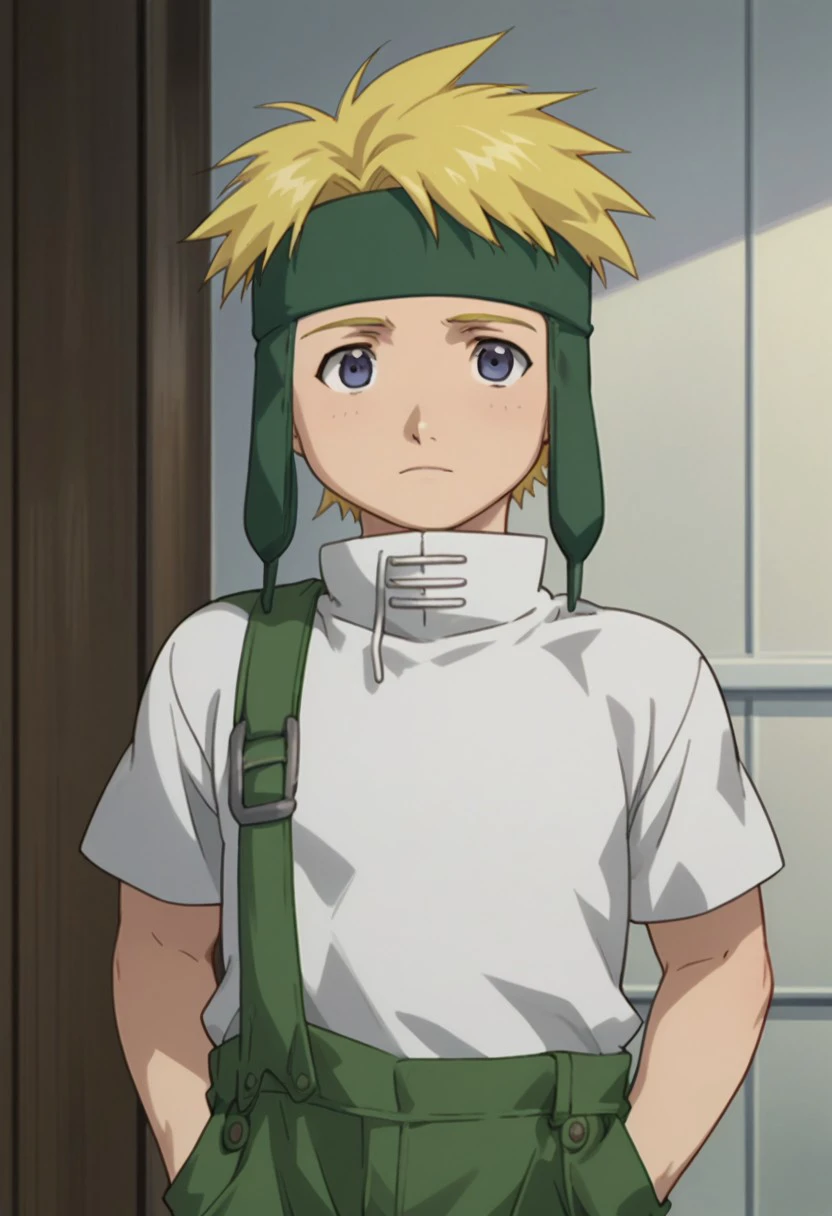 score_9, score_8_up, score_7_up, source_anime, highly detailed, 
fletchertringham, solo, 1boy, male focus, blonde hair, hands in pockets, upper body, standing, shirt, white shirt, pants, short sleeves, headband, green pants,
overalls, forehead protector, blue eyes,