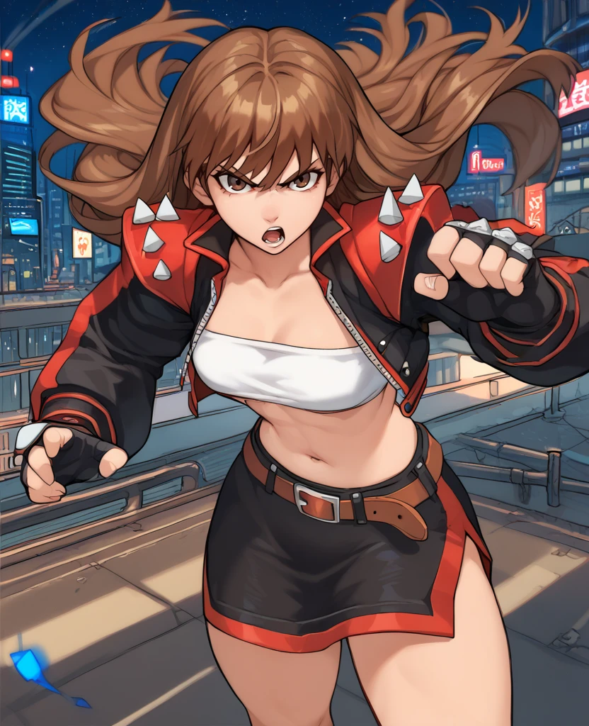 score_9,score_8_up,score_7_up,score_6_up,kirishimanagixl,brown hair,long hair,bangs,black cropped jacket,shoulder spikes,tube top,navel,long sleeves,belt,skirt,fighting stance,serious,open mouth,
fingerless gloves,standing,looking at viewer,night,city,<lora:KirishimaNagiXL-F:0.8>,