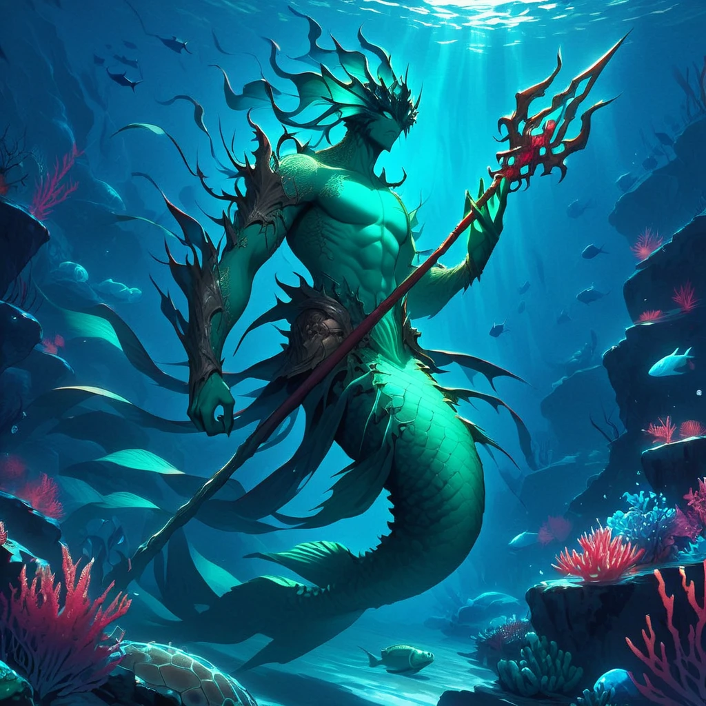 benthic merfolk, 1man, beautiful, red glow, holding a spear, turtle, fish,