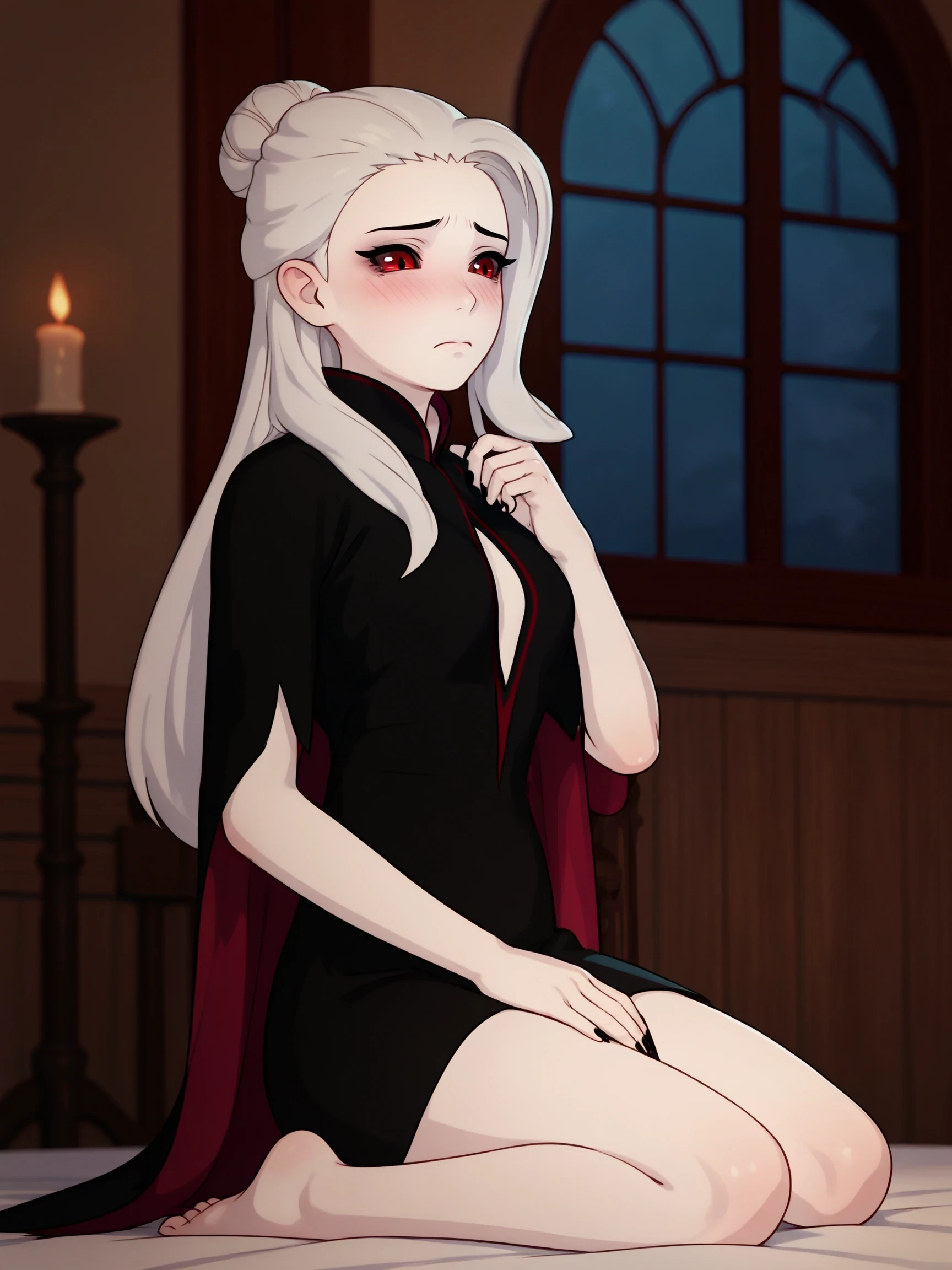 Kneeling with hands resting on lap, indoors, detailed background, blushing, embarassed,

score_9, score_8_up, score_7_up, , YoungSalem, 1girl, red eyes, black sclera, pale skin, white hair, black nails, black dress, clothing cutout, cape