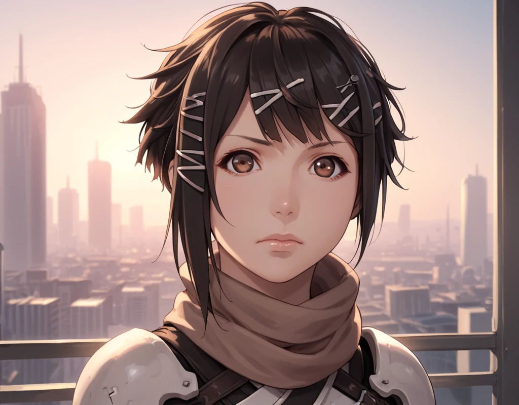 score_9, score_8_up, score_7_up, Zuru, Blame!, 1girl solo, looking at viewer, short hair, brown hair, black hair, hair ornament, closed mouth, brown eyes, upper body, hairclip, scarf, armor, lips, x hair ornament, cityscape, backlit, nose, anime coloring, <lora:Zuru_Blame:1>