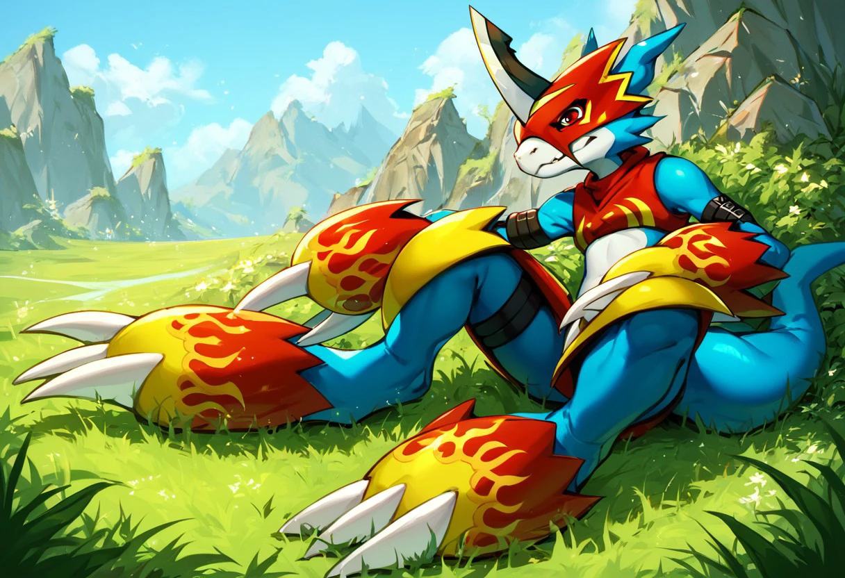 flamedramon (character), blue body, anthro, armor, belt, claws, clothing, crop top, headgear, helmet, male, shirt, topwear, red eyes, horns, digimon (creature), solo, no humans, claws, sitting, grass, full body, horns, arm belt, score_9, score_8, score_7_up, score_6_up, smile