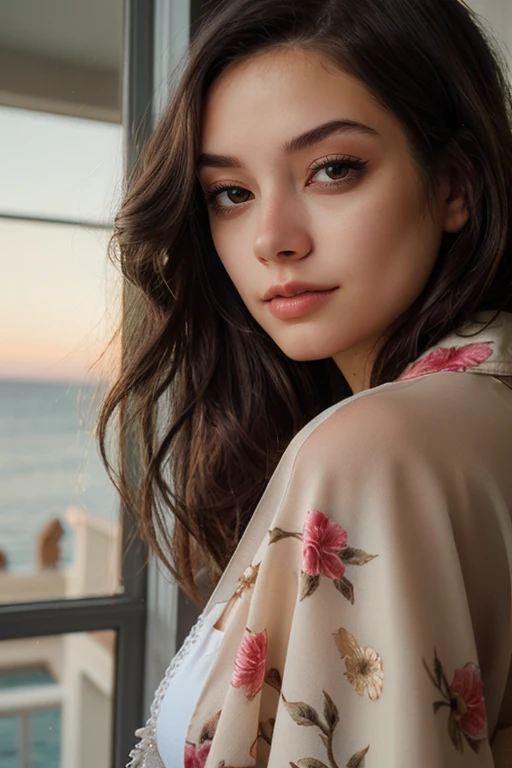 Beige chiffon kimono top with fringe trim and floral print a breathtaking analog fashion photography:1.3 of a woman, <lora:EdenArya:1>, solo, long hair, brown hair, brown eyes, looking at the viewer,  fill lighting, atmospheric, High dynamic range, vivid, rich details, realistic, intense, enhanced contrast, highly detailed, 8k, 35mm prime lens, award-winning, professional, shot on ALEXA65,  official balmain editorial, breathtaking view and scenery, in stylish summer house by the sea, summer, golden hour, close-up, portrait, looking at viewer <lora:add-detail-xl:0.3>