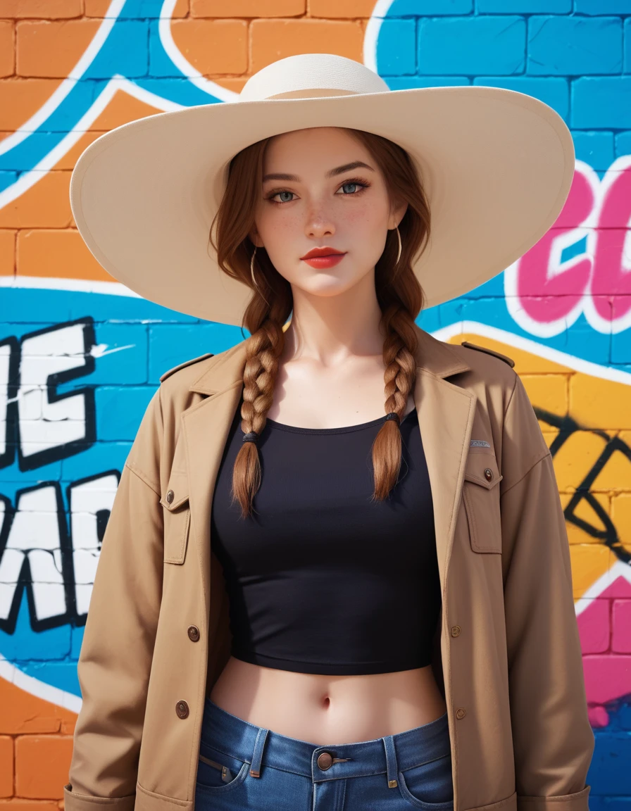 score_9,score_8_up,score_7_up,
half body of a beautiful girl, brown loose braided  hair,wear a sunhat, jeans jacket and a short ripped of jeans,red lips, freckles,graffiti background,