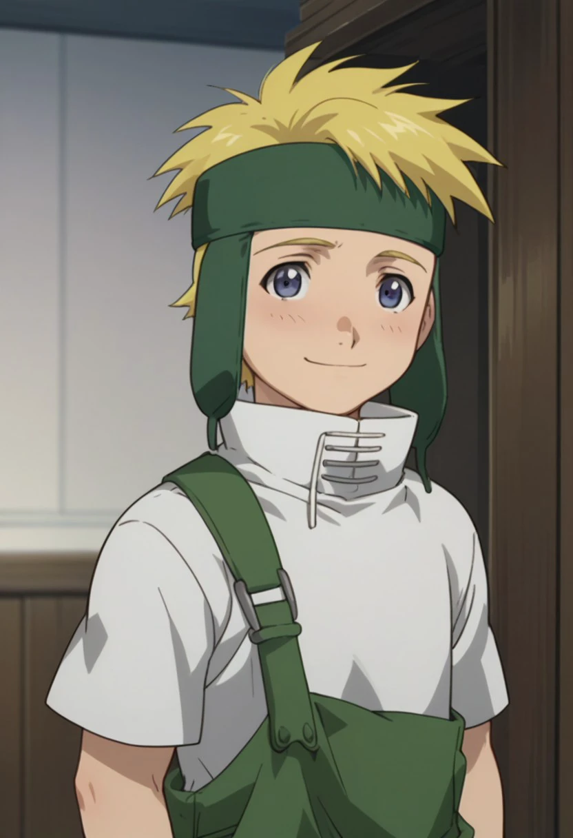 score_9, score_8_up, score_7_up, source_anime, highly detailed, 
fletchertringham, solo, 1boy, male focus, blonde hair, upper body, standing, shirt, white shirt, pants, short sleeves, headband, green pants,
overalls, forehead protector, blue eyes, smile, portrait, blush,