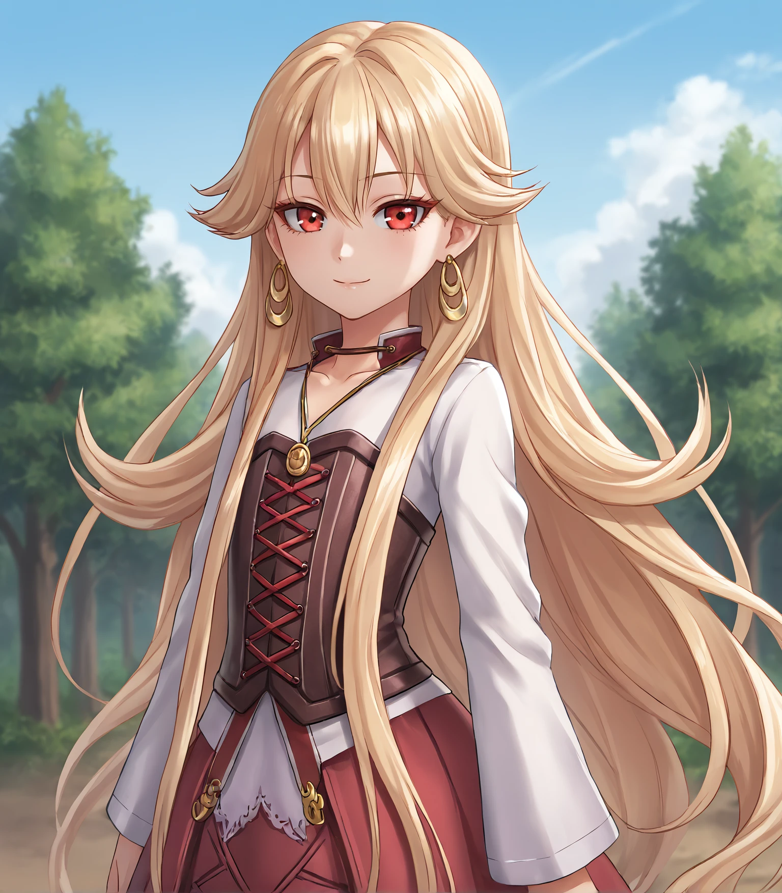 score_9, score_8_up, score_7_up, score_6_up, score_5_up, score_4_up, BREAK source_anime,
1girl, solo,  <lora:RoseliaMillsteinYounger:0.9>, Roselia Millstein, blonde hair, very long hair, red eyes, flat chest, necklace, earrings, white shirt, long sleeves, red laced corset, long skirt, red skirt, purple pantyhose,  brown boots,
upper body, portrait, looking at viewer, smile, outdoors, sky, trees, 
<lora:Racoonkun_Artist_Style:0.6>, racoonsan,,