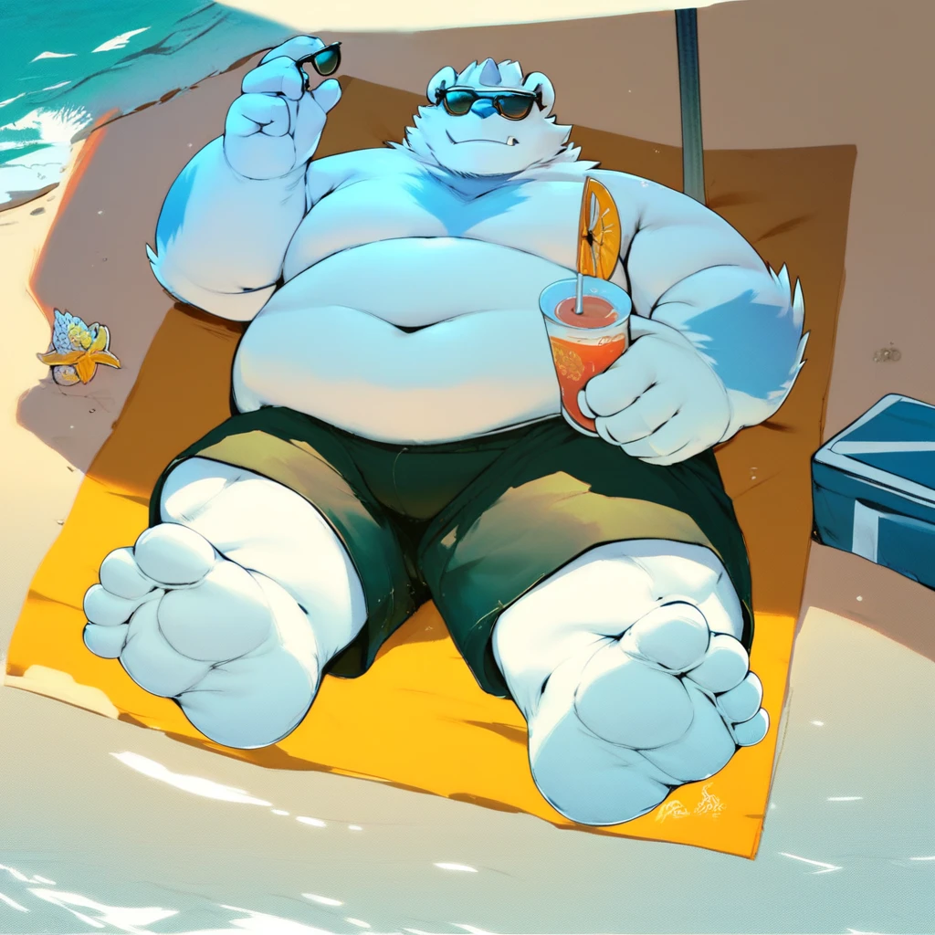 score_9, score_8_up, score_7_up, score_6_up, score_5_up, score_4_up, patty, anthro, yeti, furry, fat, obese, big feet, outside, beach background, beach scenery, water, relaxing, laying down, looking at viewer, sunglasses, barefoot, wearing shorts