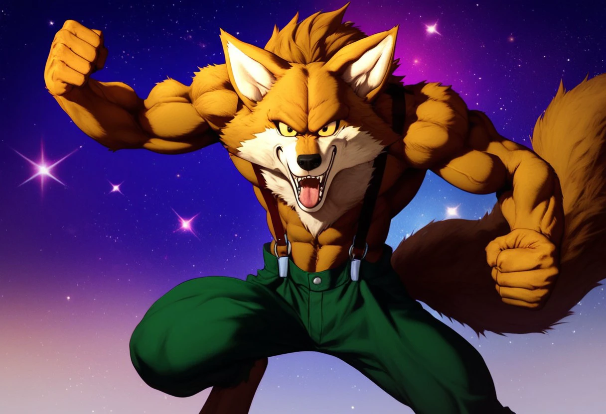 score_9, score_8_up, score_7_up, 1boy, solo, Expressiveh, style of akira toriyama, (LavenderDBS, Anthro, furry, wolf, yellow sclera, black nose, gold fur, fangs, green pants, suspenders, short pants, crazy smile), looking at viewer, tail, open mouth, tongue out, clenched fists, flexing, purple background, space, stars,  detailed background, 4k, masterpiece, best quality, highly detailed, realistic