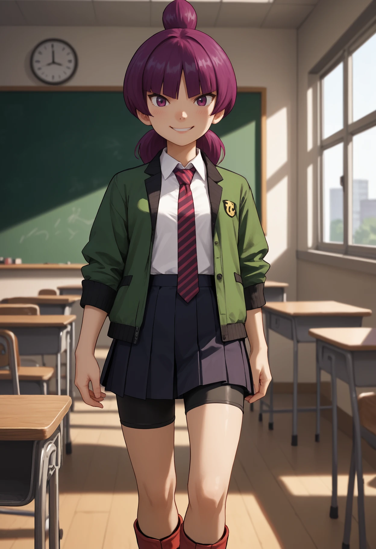 score_9, score_8_up,score_7_up, source_anime, 1girl, solo, <lora:Jptr_pdxl_EliPot:1>, gingadanjupiter, purple hair, purple eyes, medium hair,
 collared shirt, striped necktie, pleated skirt, school uniform, green jacket, white shirt, red footwear, black shorts, sneakers, open clothes, bike shorts under skirt, red necktie, open jacket, sleeves rolled up, black skirt, smile, classroom,