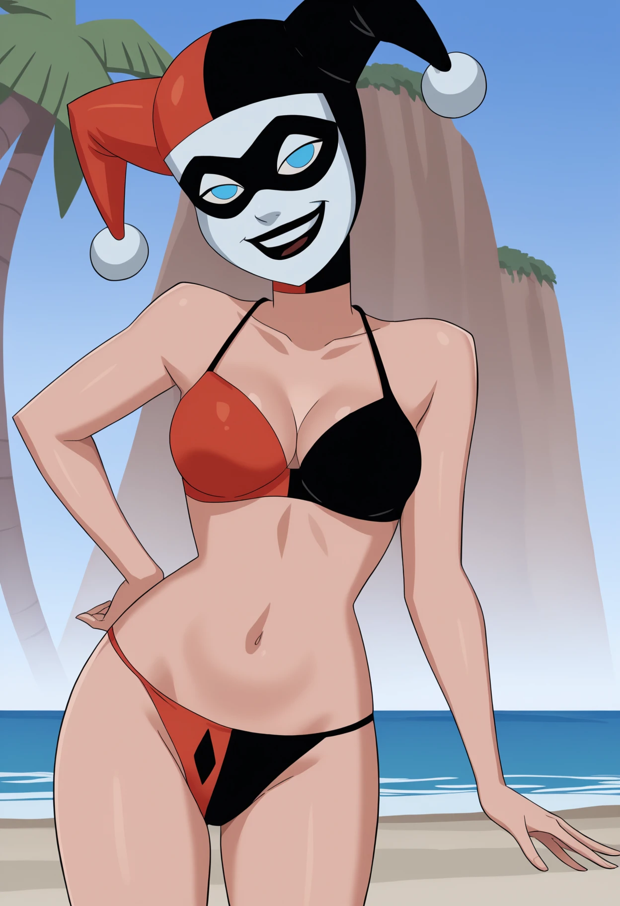 best quality, afterglow, 4k, ((masterpiece)), extremely detailed, 8k, trending on ArtStation, Intricate, High Detail, Sharp focus, s.forest <lora:s.forest_1.1:0.7>, bikini, beach, thick thighs, wide hips, large breasts, (massive thighs, massive hips), (curvy, chubby),, terezi <lora:tereziPyropeHomestuck_v1:0.75>, 1girl, grin, ((red-tinted eyewear)), (shades), (sunglasses), looking at viewer, (((grey skin))), (horns), (((red sclera))), (short hair), ((ass, thong, big ass, back view))