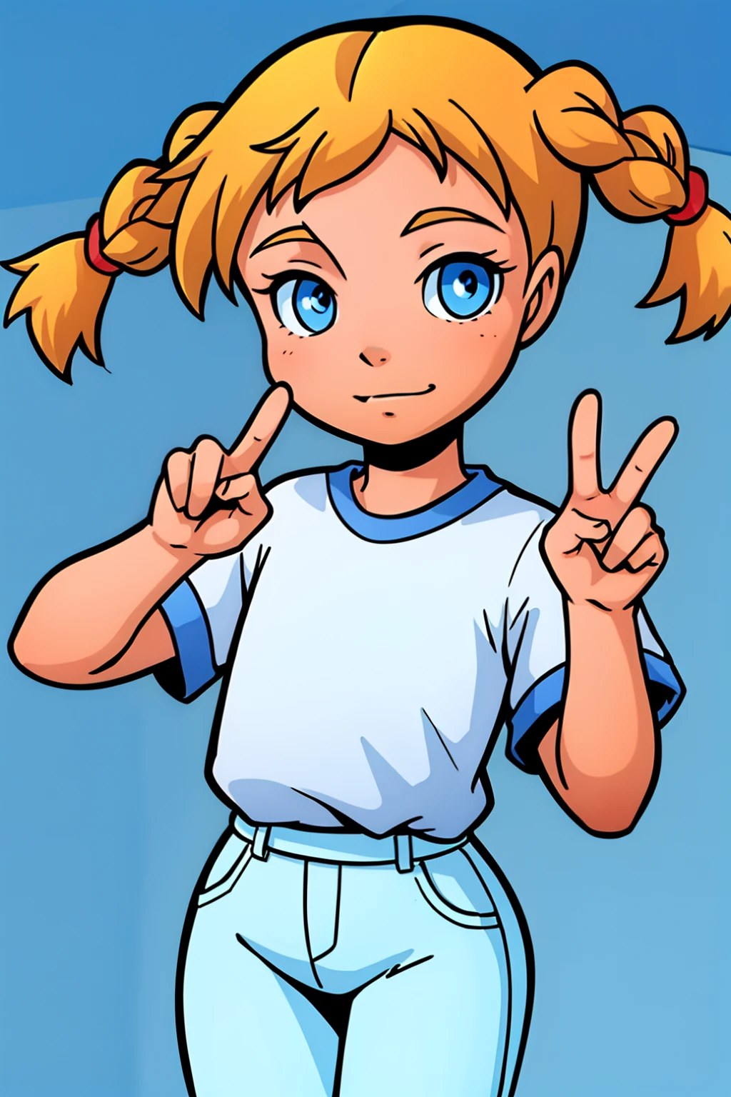 Katie_power ,1girl,solo,peace sign,blonde hair,twintails,short twintails,twin braids,blue eyes,white shirt,blue pants,looking at viewer,masterpiece,best quality