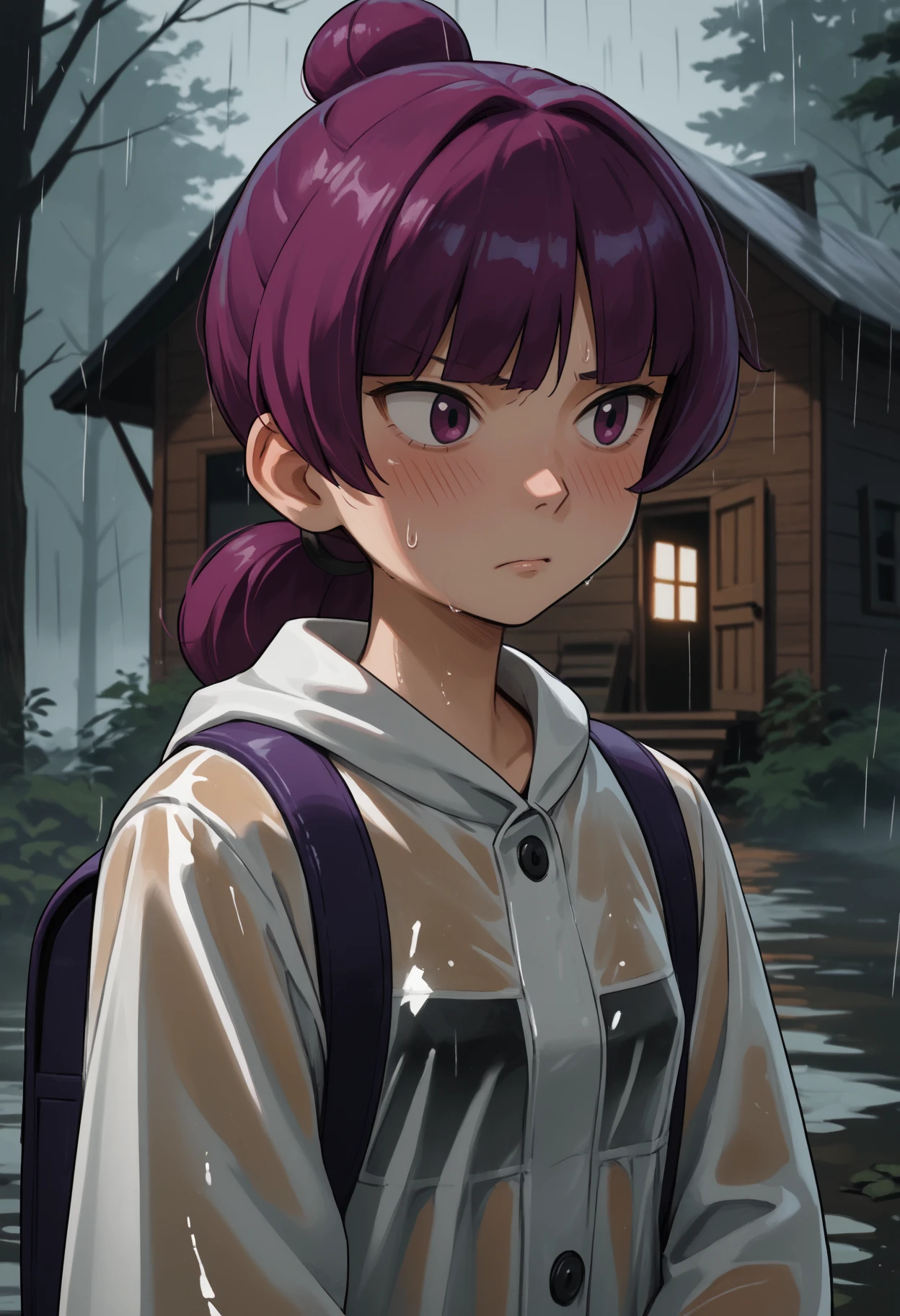 score_9, score_8_up,score_7_up, source_anime, 1girl, solo, <lora:Jptr_pdxl_EliPot:1>, gingadanjupiter, purple hair, purple eyes, medium hair,
 cabin, woods, fog, horror \(theme\), backpack, raincoat, rain, exhausted, sigh,blush, sweat, sweatdrop, shiny skin,