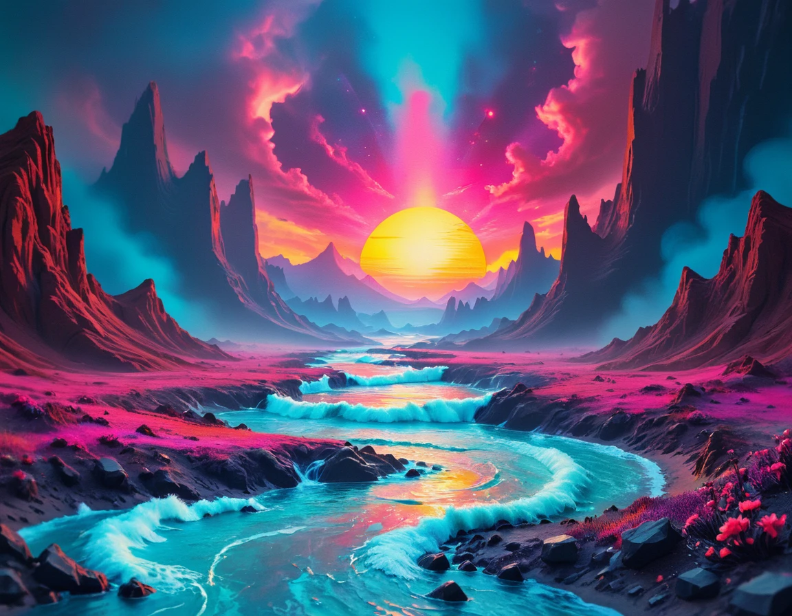 synthwave-galaxy,masterpiece, professional artwork, famous artwork, cinematic lighting, cinematic bloom, breathtaking scenery, landscape painting of Colored Paper painting  , Fill Light Tilt-Shift Blur and vibrant colors and film still , , fluid Todd Lockwood <lora:Synthwave_Galaxy:.8>